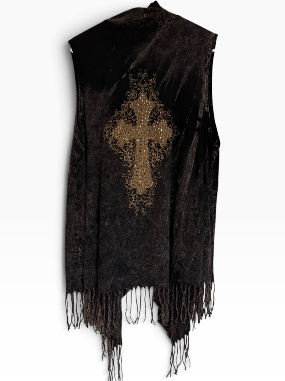 Vocal Open Front Sleeveless Vest Mineral Wash Rhinestone Cross Long Fringe 2X
